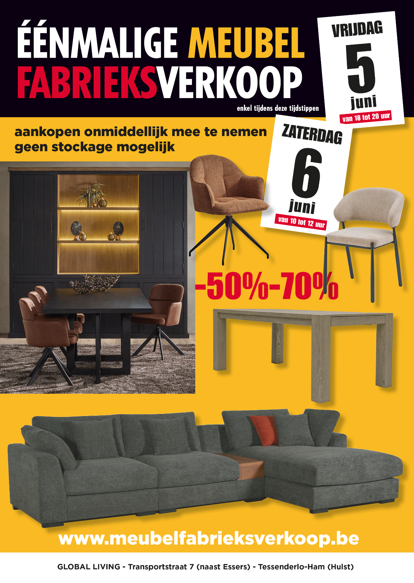 Éénmalige meubel fabrieksverkoop — vrijdag 5 juni & zaterdag 6 juni, kortingen -50% tot -70%